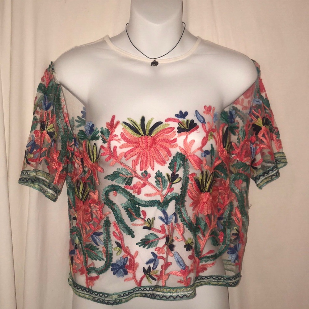 White Mesh and Floral Top